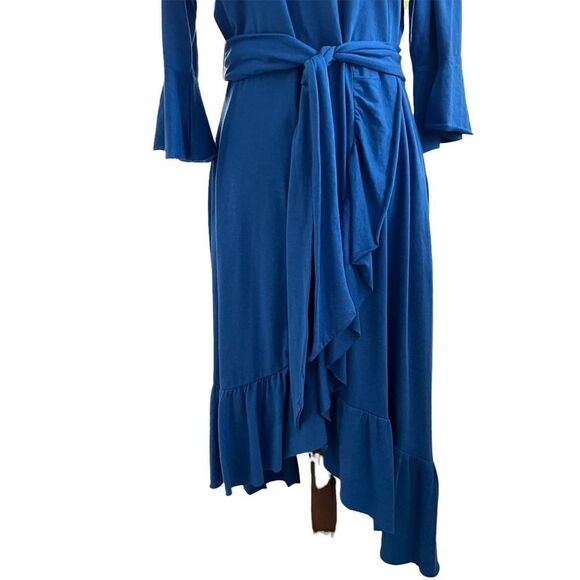 Soft Surroundings Stretchy Blue Ruffled Midi Dress w/ Waist Tie Belt MP - Picture 2 of 9